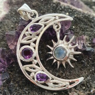 Pendentif croissant de lune avec améthyste et étoile avec pierre de lune